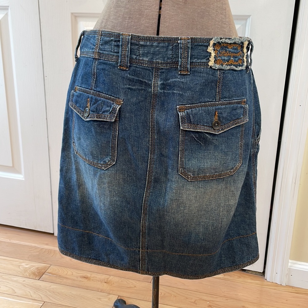 Life is Good slightly distressed medium wash denim skirt